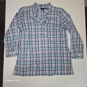 Plaid Ruffle V-Neck Tunic Top - Multicolor Pastel Plaid